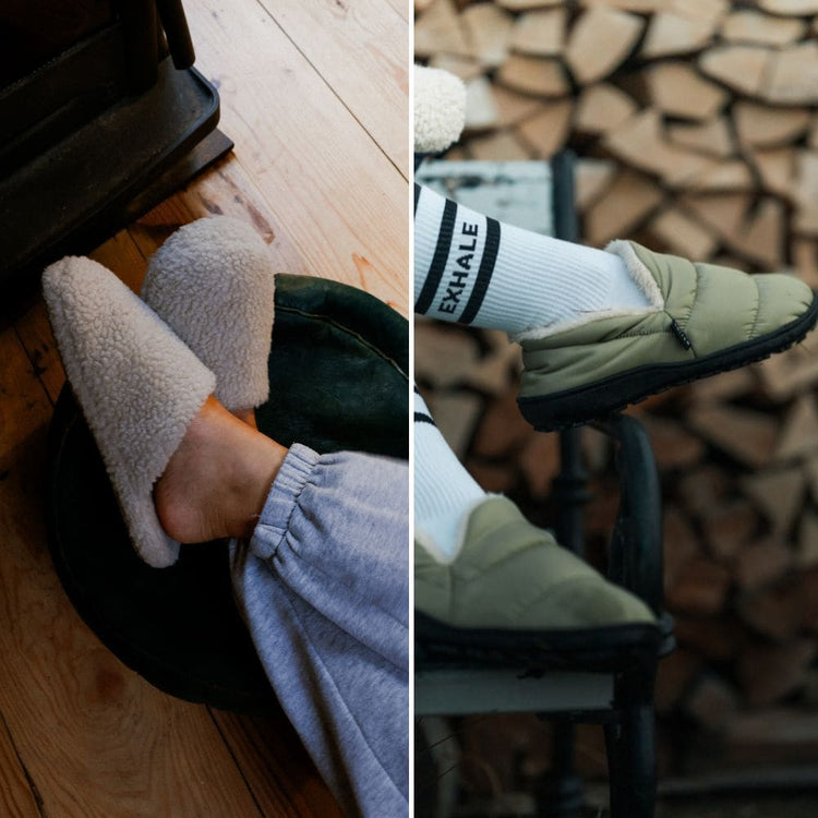 VOITED slippers in three settings: by a tent with a dog, on a wooden floor, and in front of stacked firewood.