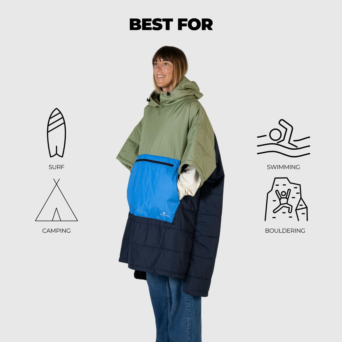 VOITED 3rd Edition Outdoor Poncho for Surfing, Camping, Vanlife & Wild Swimming - Ocean Navy/Olive Changewear VOITED 