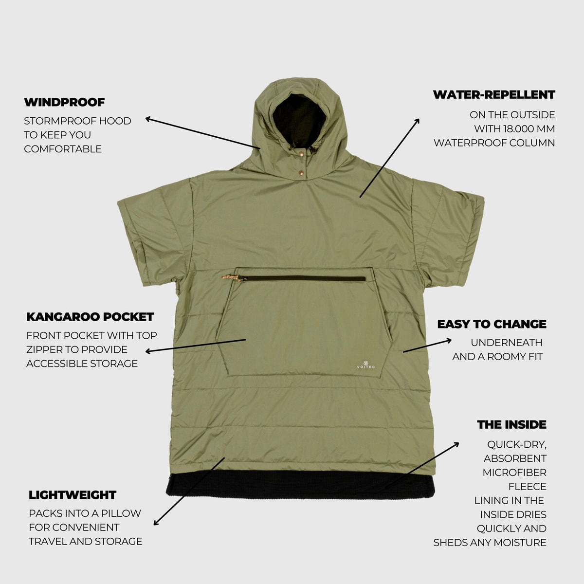 VOITED 3rd Edition Outdoor Poncho for Surfing, Camping, Vanlife & Wild Swimming - Olive Changewear VOITED 