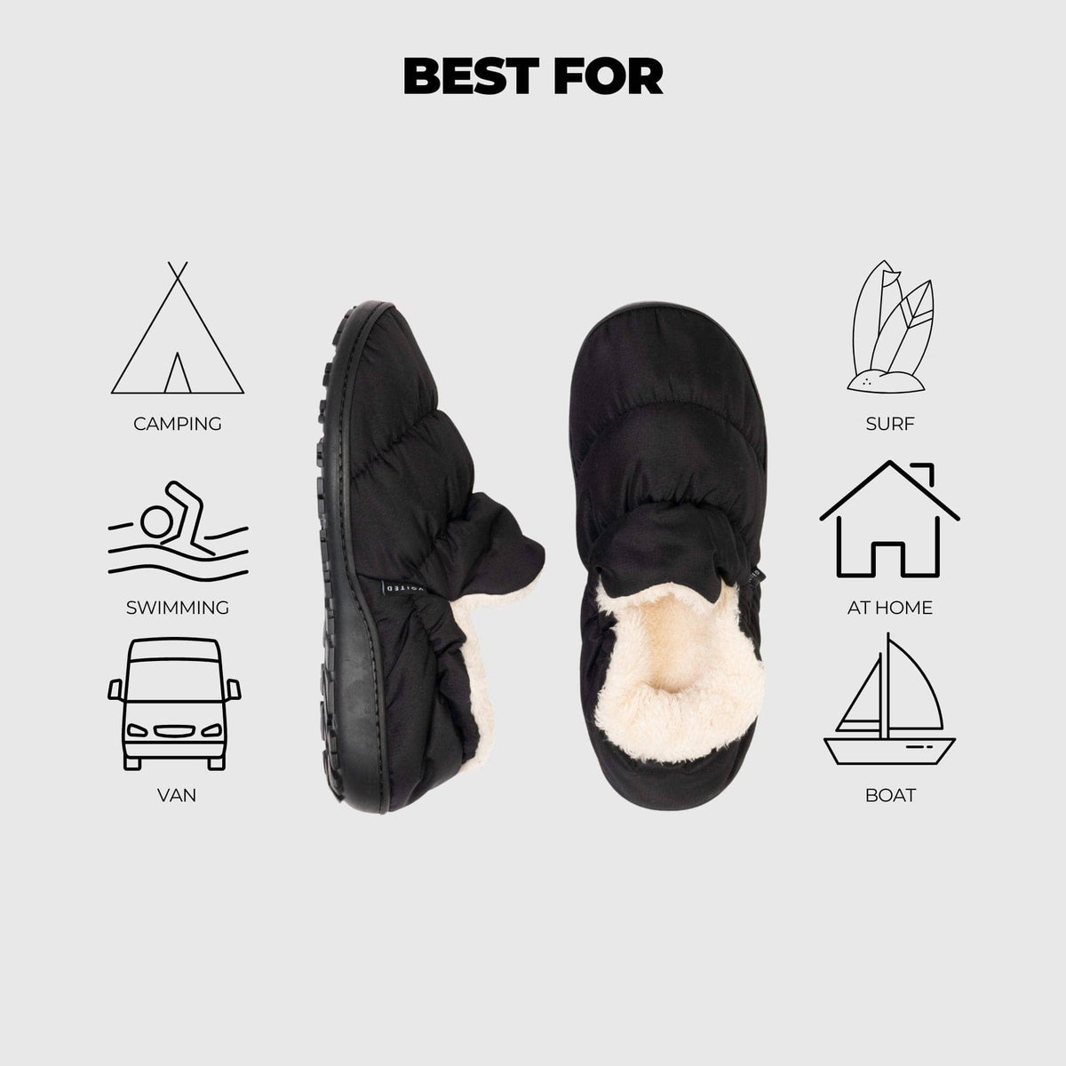 VOITED CloudTouch® Slippers - Lightweight, Indoor/Outdoor Fleece-Lined Camping Slippers - Black Footwear VOITED 